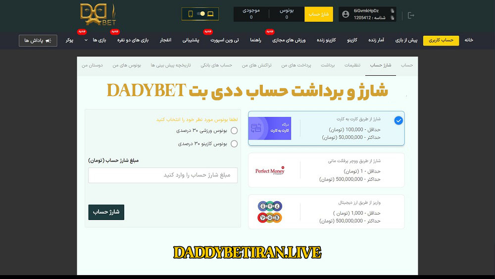 شارژ و برداشت حساب ددی بت DadyBet